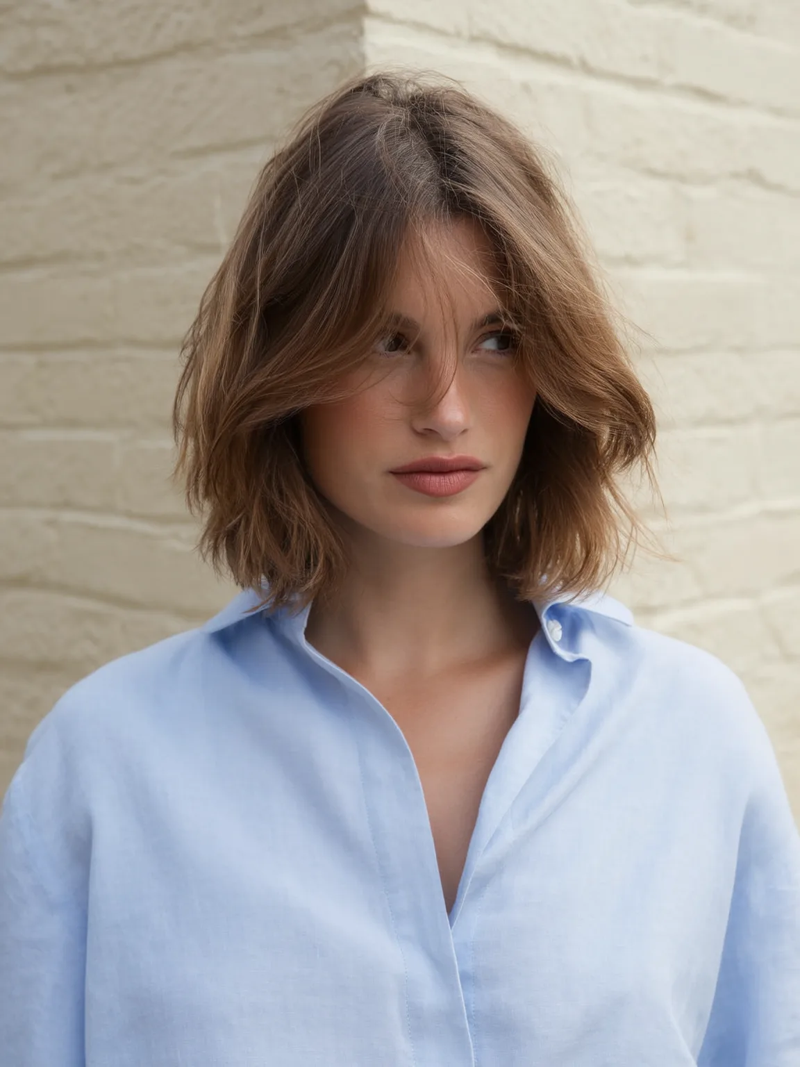 Voluminous Chestnut Choppy Bob with Wavy Texture